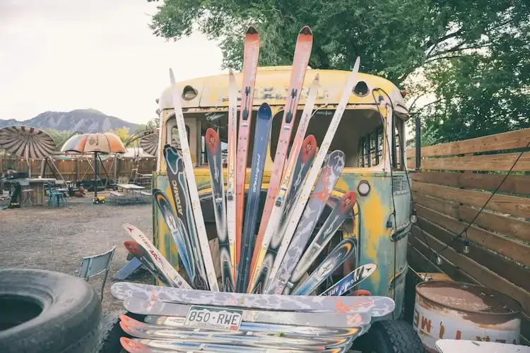 Old School Bus with Ski Sculpture